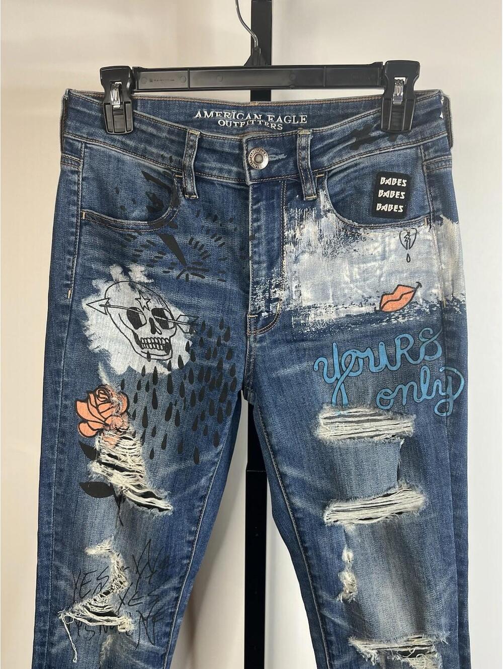American Eagle 1810-6496 High Rise Distressed Graffiti Punk Y2K Jeggings Size 6 - Picture 6 of 15
